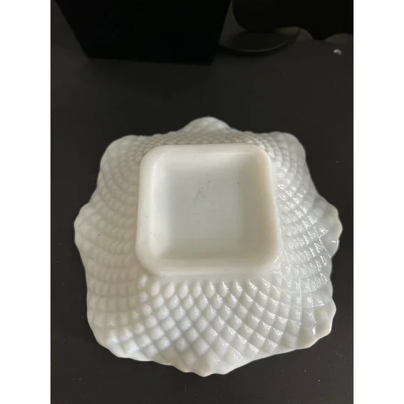Milk Glass Bowl White Vintage Hobnail Ruffled Edge Square Base Collectible 5in - Picture 8 of 8